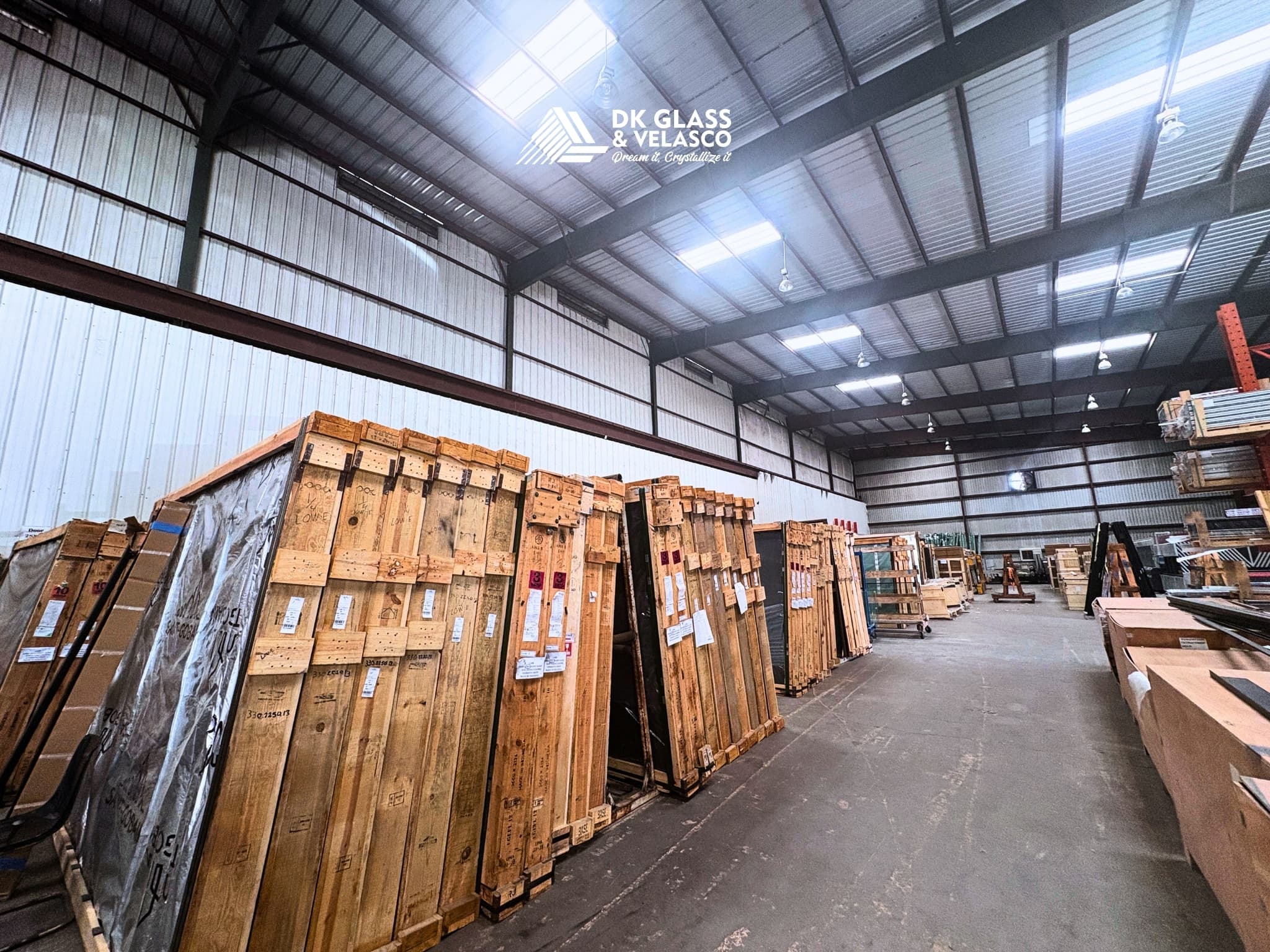 Float glass stock sheets in warehouse